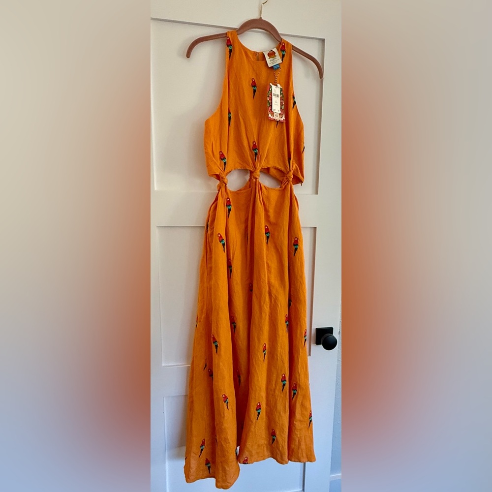 NWT 🍊🦜FARM for Anthropologie Dress with Embroidered Parrots and Open Midriff